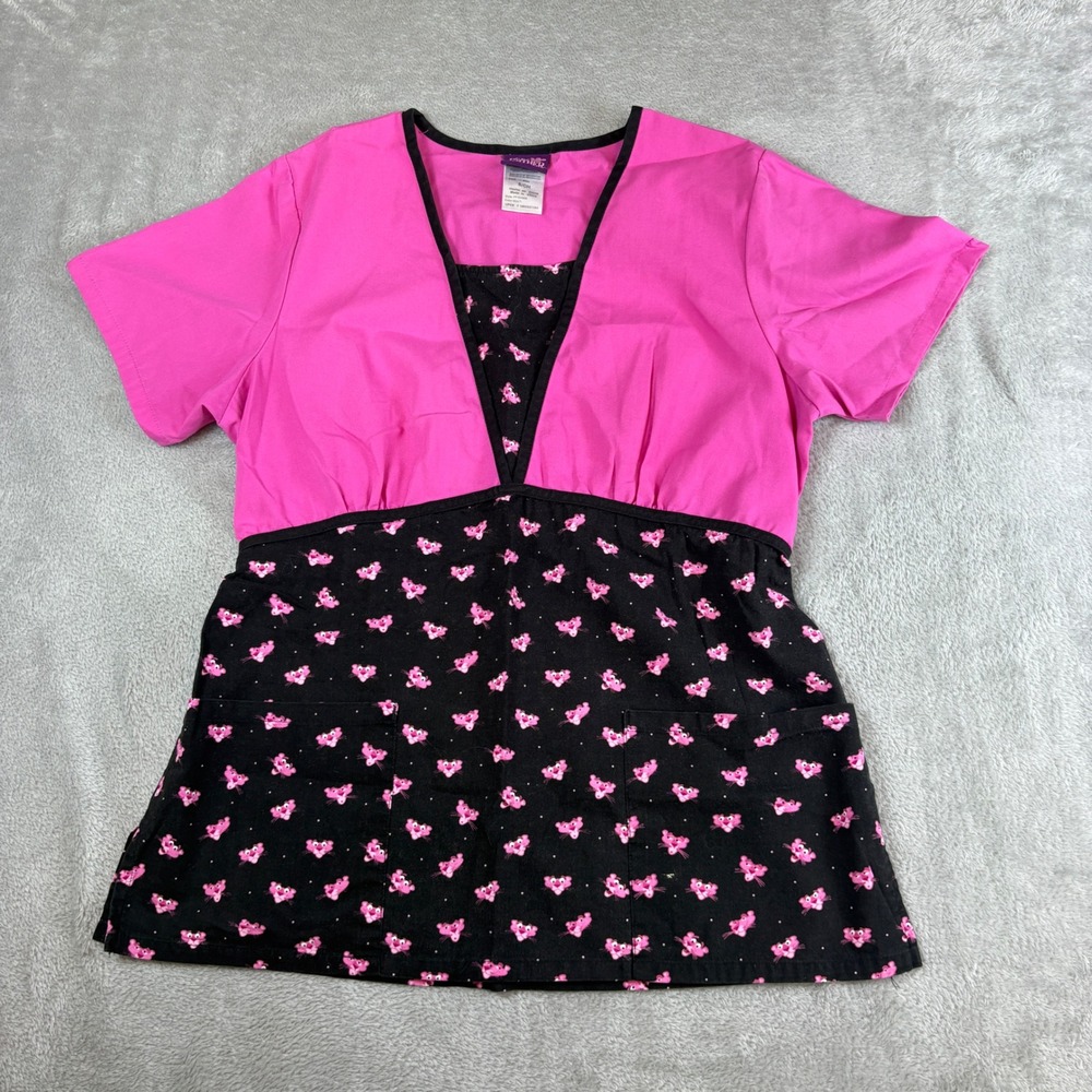 Pink Panther Scrub Top Women Small Character Print Empire Waist Pink Black